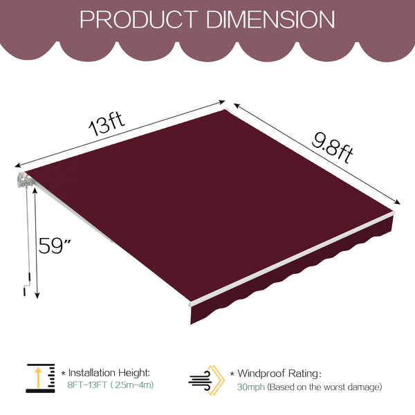 AECOJOY 13' x 10' Manual Retractable Patio Awning,Outdoor Awning Retractable Sunshade Shelter in Wine Red