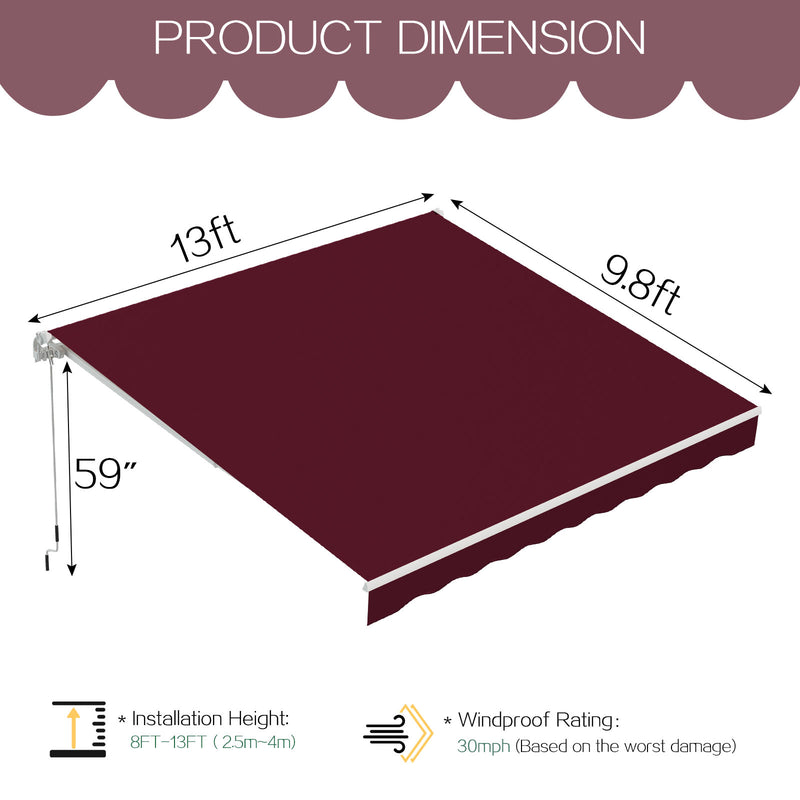 AECOJOY 13' x 10' Manual Retractable Patio Awning,Outdoor Awning Retractable Sunshade Shelter in Wine Red