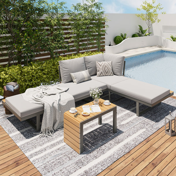 AECOJOY Outdoor Patio Furniture Sets,Metal Convertible Daybed With Coffee Table,5 Pieces Outdoor Sectional Conversation Sofa Couch,Grey