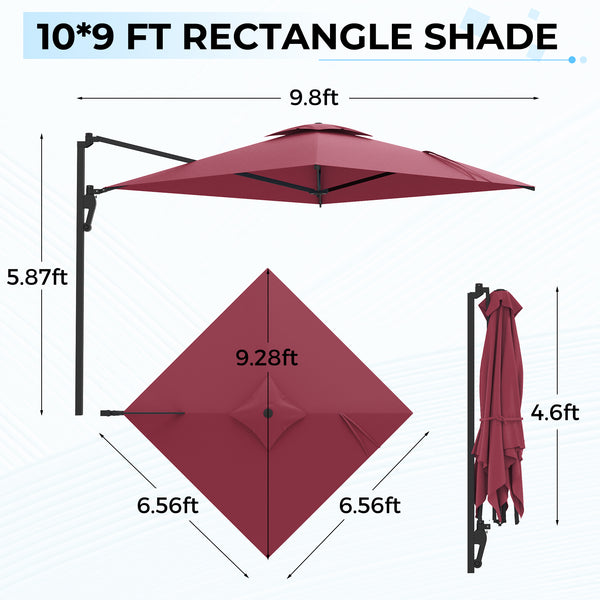 AECOJOY 10 ft Wall Mounted Patio Umbrella Outdoor Rectangle Umbrella with 180° Rotation for Outside in Red