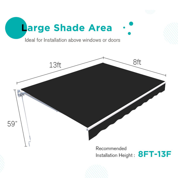 AECOJOY 13' x 8' Manual Retractable Patio Awning,Outdoor Awning Retractable Sunshade Shelter-Black