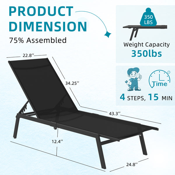 YODOLLA Patio Adjustable Lounge Chair Recliner with Wheels - Black