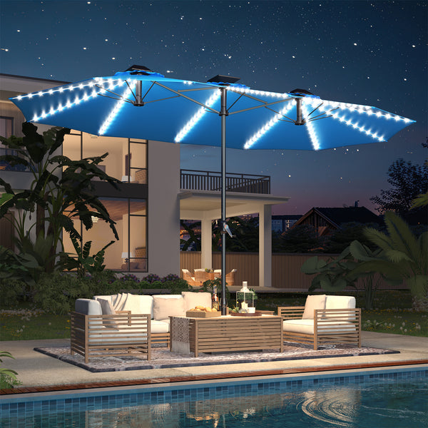 AECOJOY 15ft Patio Umbrella with Solar Lights,Outdoor Large Double Umbrella, Rectangle Table Umbrella with 156 PCS LED Lights and Crank Handle for Backyard Deck Pool Shade in Blue