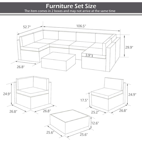YODOLLA 7-Piece Patio Furniture Set, Brown Rattan Wicker Sectional Sofa Couch Outdoor Conversation Set with Table In Gray