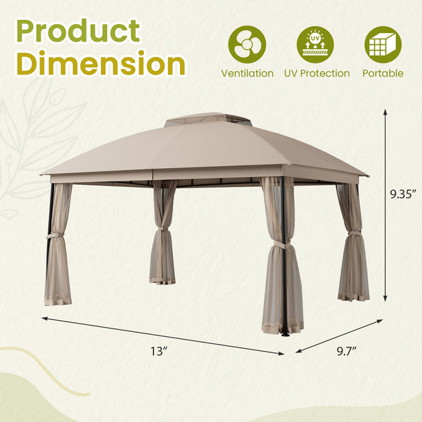 10 x 13ft Gazebo Canopy Heavy-Duty Waterproof Gazebo with Double Curved Roofs, Mosquito Netting and Privacy Screens, Yellow