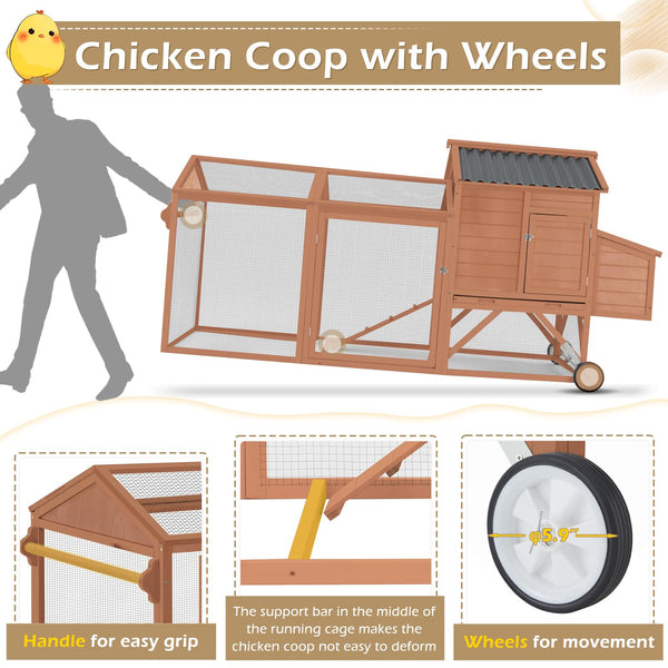 YODOLLA 95" Chicken Coop with Wheels, Poultry Cage Wooden Chicken Hutch Tractor with Run, Nesting Boxes, Ramps, Removable Tray, Natural Wood