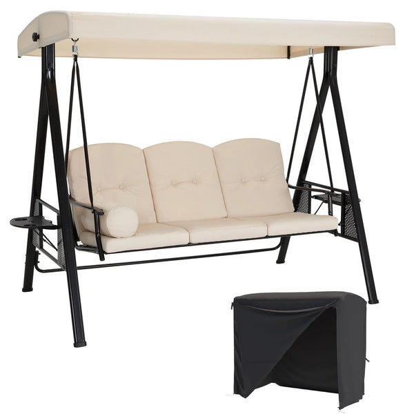 AECOJOY Steel Outdoor Patio Canopy Steel Porch Swing Chair with Cover, Beige