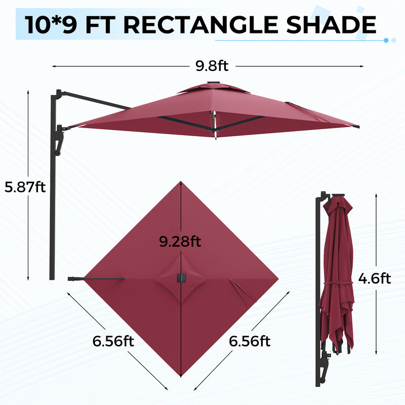 AECOJOY 10 ft Wall Mounted Patio Umbrella with Solar LED Lights Outdoor Rectangle Umbrella with 180° Rotation for Outside in Red