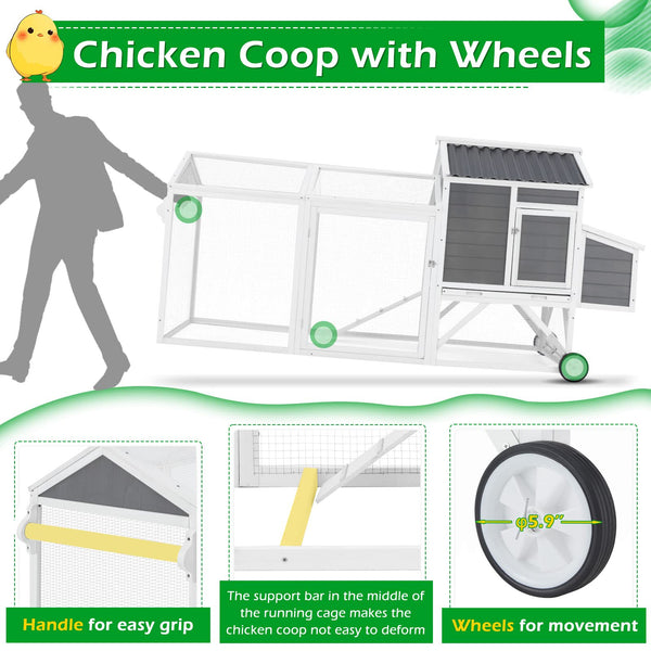 YODOLLA 95" Chicken Coop with Wheels, Hen House Wooden Chicken Hutch Poultry Cage w/Run, Nesting Boxes, Ramps, Removable Tray for Barkyard
