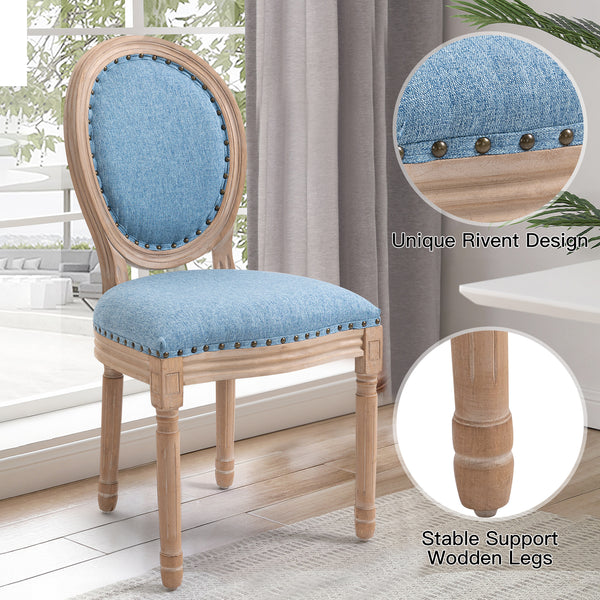 AVAWING French Country Dining Chairs Set of 4, Farmhouse Fabric Dining Room Chairs Vintage Chair with Round Back, Solid Wood Legs Kitchen Chair for Dining Room/Living Room/Kitchen/Restaurant, Blue