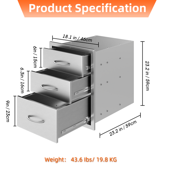 AECOJOY Outdoor Kitchen Drawers 18.1"Wx23.2"Hx23.2"D, Stainless Steel Triple BBQ Drawer, Flush Mount for Outdoor Kitchen Island or Grill Station