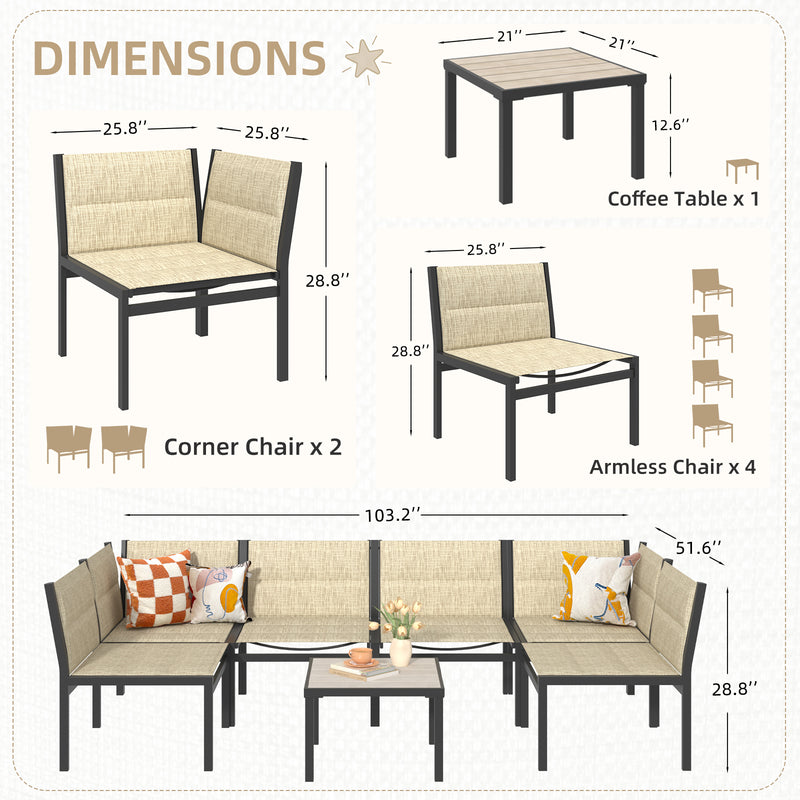 AECOJOY Outdoor Furniture Sets, 7 Pieces Cotton-Filled Textilene Fabric Outdoor Coffee Table and Chairs for Garden, Yellow