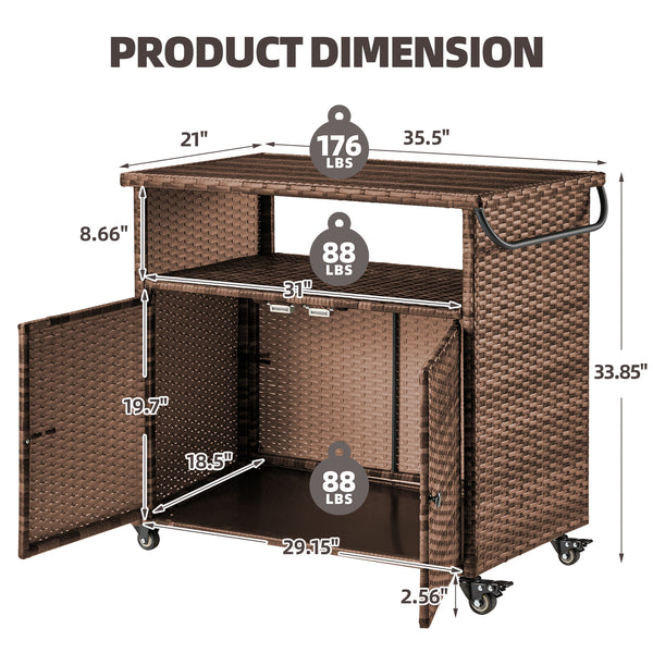 AECOJOY Patio Wicker Bar Tables with Wheels&Shelf Patio Serving Table Outdoor Storage Cabinet Outdoor Bar Cart, Brown