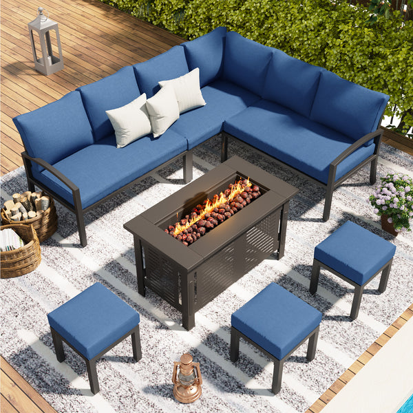 YODOLLA 7 Pieces Metal Patio Furniture Sets with 43" Fire Pit Table Patio Conversation Set Outdoor Sectional Sofa Metal Dining Furniture, Blue