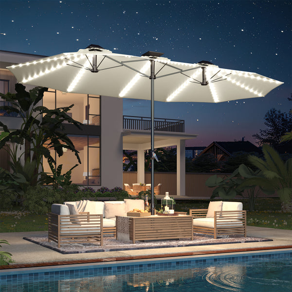 YODOLLA 15ft Patio Umbrella with Solar Lights, Outdoor Large Double Umbrella with 156 PCS LED Lights and Crank Handle for Backyard Deck Pool Shade, Beige