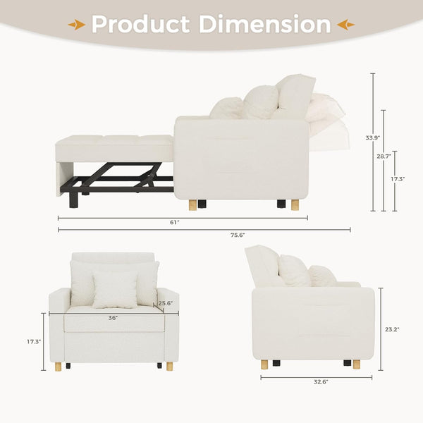 YODOLLA 3-in-1 Futon Convertible Sleeper Sofa Bed Chair for Living Room,Pull Out Couch in Teddy Velvet White