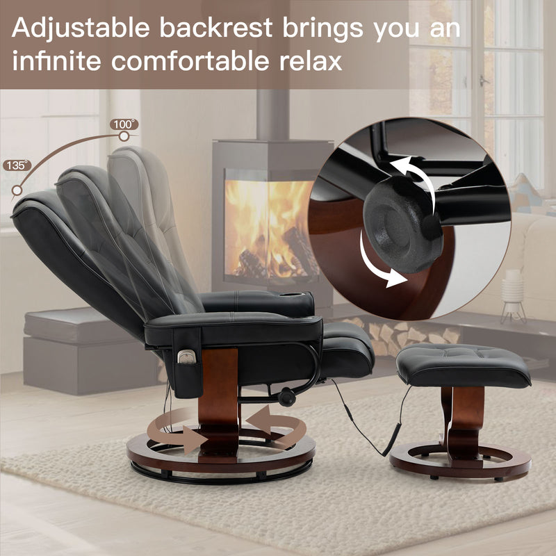 AVAWING Reclining Chair with Vibration Massage Faux Leather Recliner with Ottoman Swivel Wood Recliner Chairs for Living Room, Black