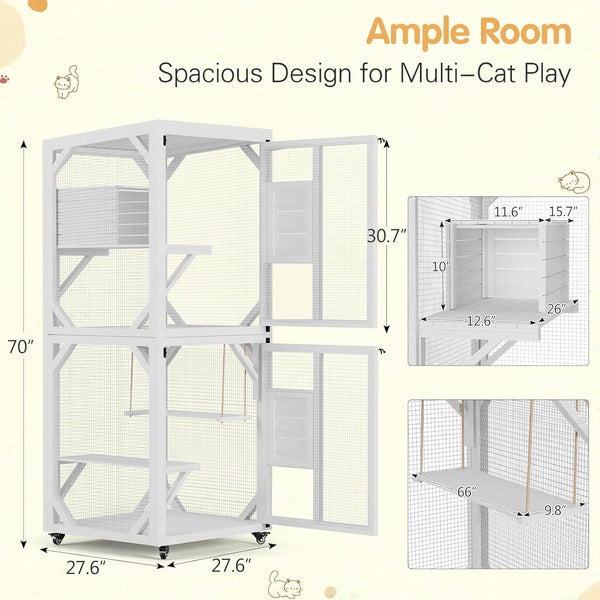 AECOJOY Outdoor Cat House with Wheels Wooden Catio Enclosure with Swing and Resting Box, White