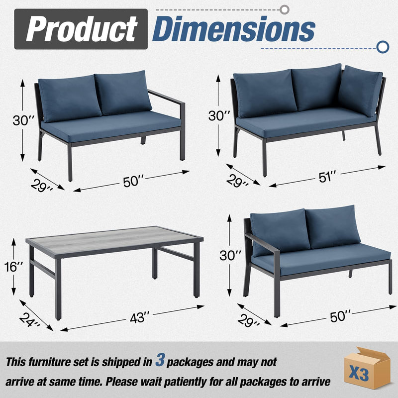 YODOLLA 7 Pieces Aluminum Patio Furniture Set with Waterproof Cover Patio Conversation Set For Outdoor with Navy Cushions