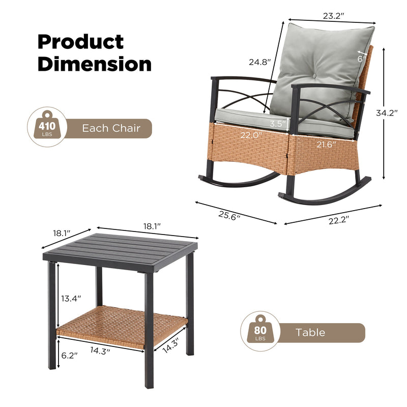 3-Piece Bistro Set: Outdoor Rattan Rocking Chairs with Cushions and Coffee Table