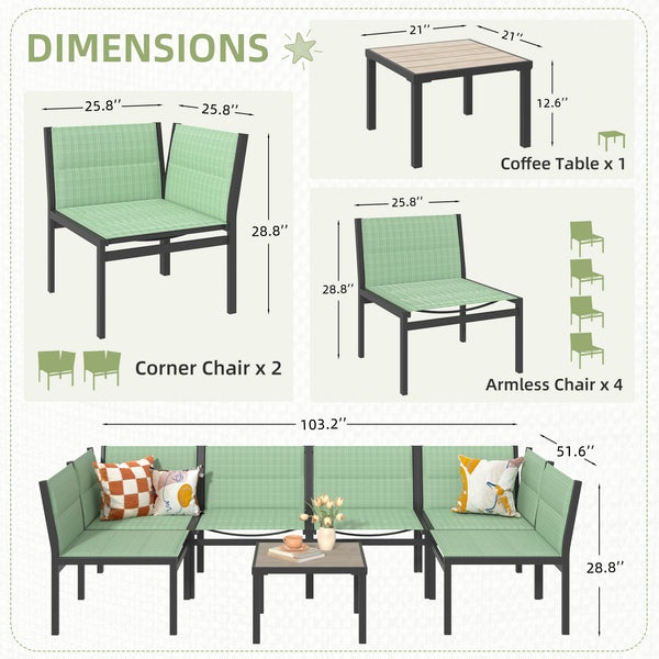 AECOJOY Outdoor Furniture Sets, 7 Pieces Cotton-Filled Textilene Fabric Outdoor Coffee Table and Chairs for Garden, Green
