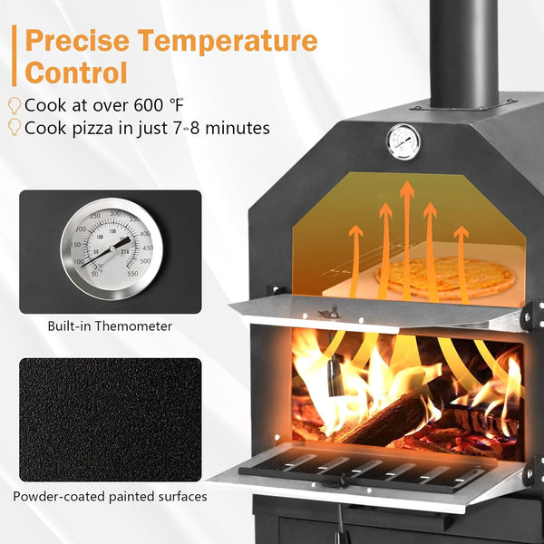 YODOLLA Outdoor Pizza Oven with Waterproof Cover Portable Wood Fired Pizza Oven with Side Handles &Two Wheels Grill Rack for Backyard