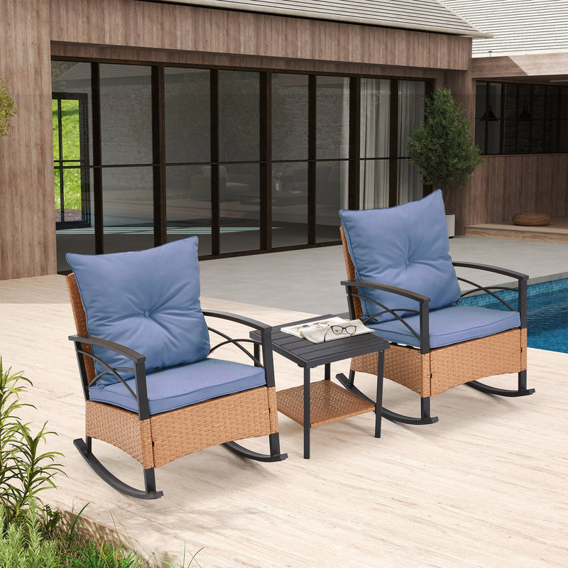 3-Piece Bistro Set: Outdoor Rattan Rocking Chairs with Cushions and Coffee Table