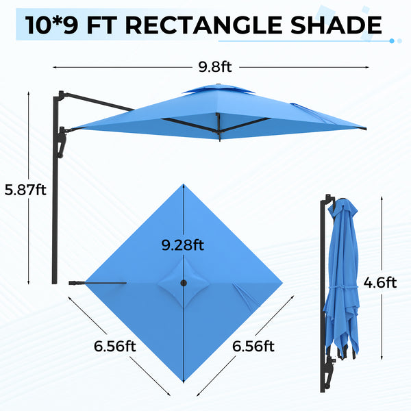 AECOJOY 10 ft Wall Mounted Patio Umbrella Outdoor Rectangle Umbrella with 180° Rotation for Outside in Blue