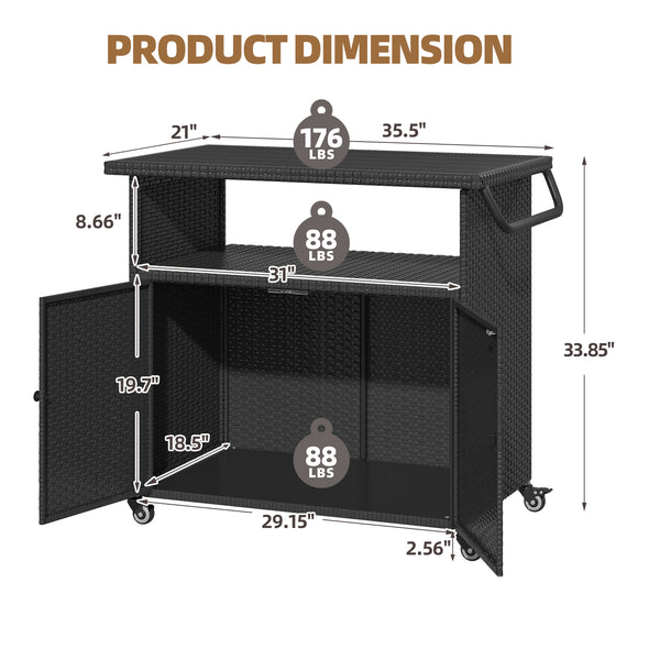AECOJOY Patio Wicker Bar Tables with Wheels&Shelf Patio Serving Table Outdoor Storage Cabinet Outdoor Bar Cart, Black