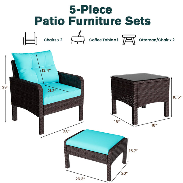 AECOJOY 5 Pieces Patio Furniture Set Rattan Wicker Chair Two with Ottoman Outdoor furniture sets in Navy