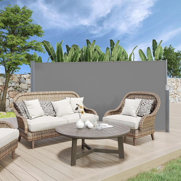 YODOLLA 138"x 63" Outdoor Retractable Side Awning, Folding Privacy Screen Waterproof Patio Awning, 180g Premium Polyester Fabric Room Divider for Patio, Garden and Terrace, Grey