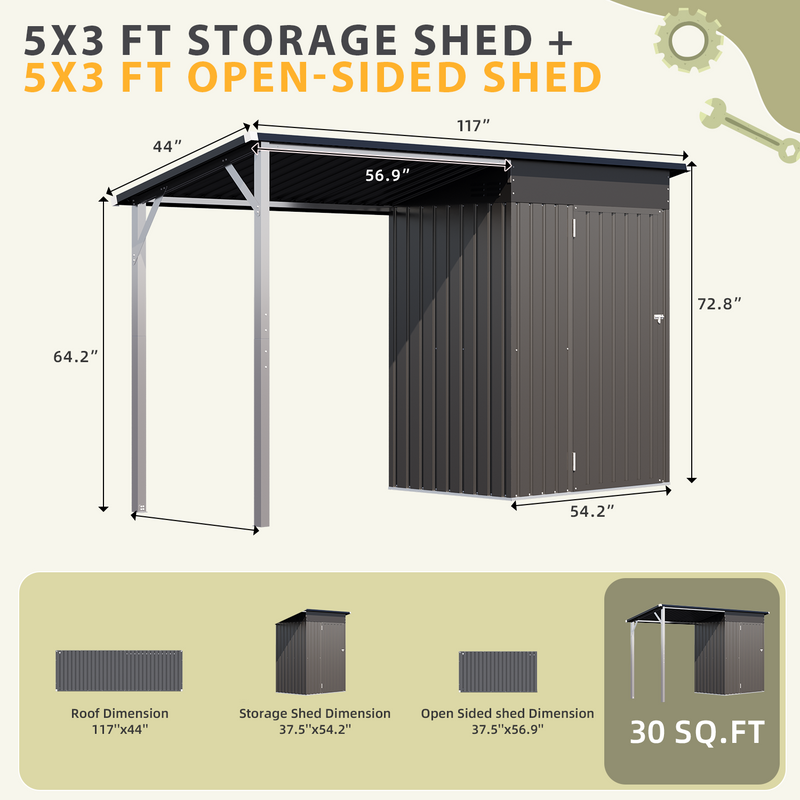 YODOLLA Outdoor Open-Sided Storage Shed, 3x5 Sheds & Outdoor Storage with 15 Sq. Ft Covered, 5x3 Small 2-in-1 Tool Shed with Attached Hardtop Metal Pergola Gazebo