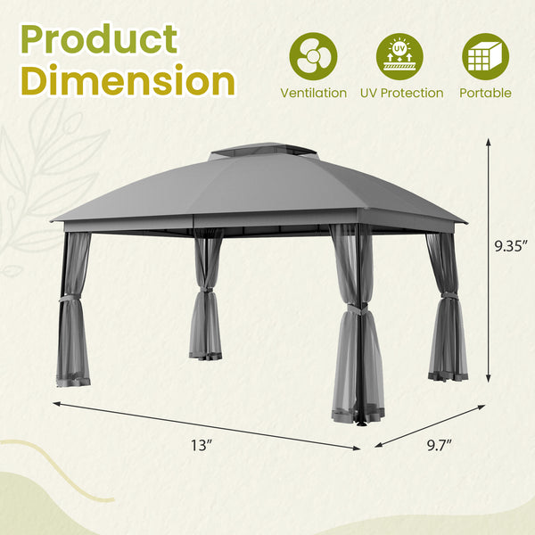 10 x 13ft Gazebo Canopy Heavy-Duty Waterproof Gazebo with Double Curved Roofs, Mosquito Netting and Privacy Screens, Grey