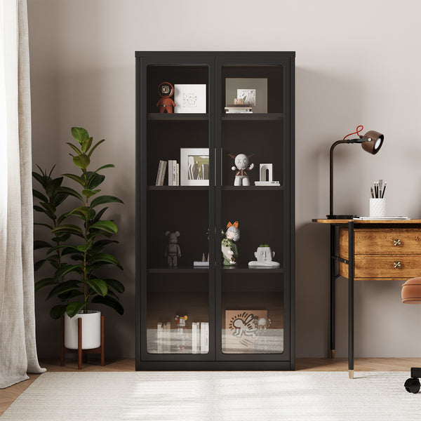 YODOLLA Display Cabinet with Acrylic Glass Doors Storage Cabinets with Adjustable Shelves Pantry Storage Cabinet Metal Curio Cabinet for Living Room Office and Kitchen, Black