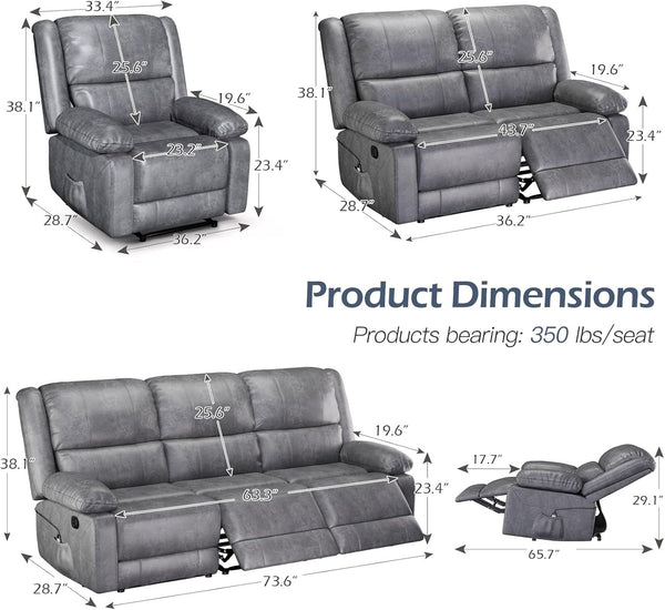 YODOLLA 3 Pieces Recliner Sofa Set with Massage Heated Function, Home Theater Seating Leather Couch Set with Side Pockets, Gray