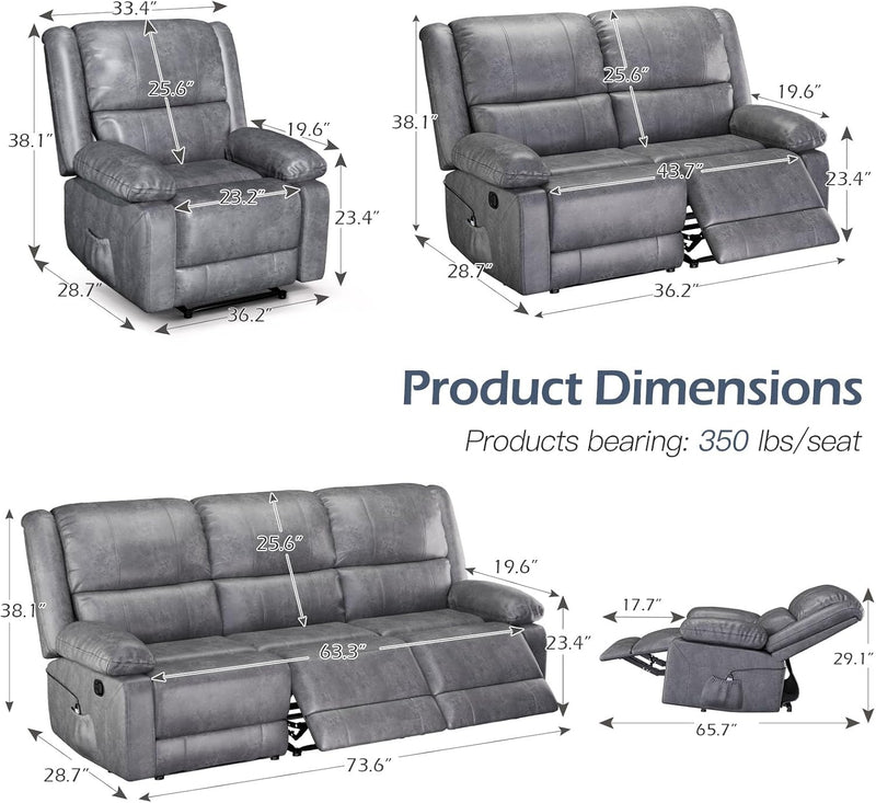 YODOLLA 3 Pieces Recliner Sofa Set with Massage Heated Function, Home Theater Seating Leather Couch Set with Side Pockets, Gray