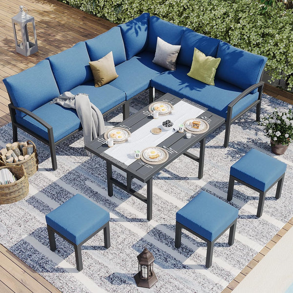 YODOLLA 7 Pieces Metal Patio Furniture Sets with Waterproof Cover Outdoor Conversation Set with Dining Table and Chair, Dark Blue