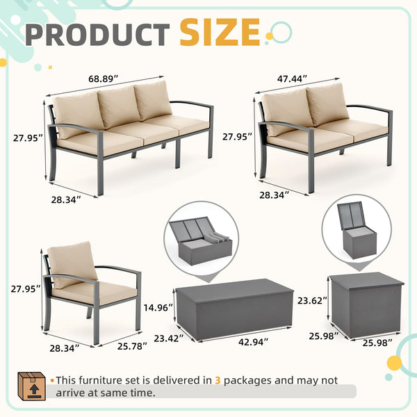 YODOLLA Outdoor Patio Furniture Sets with Two Storage Boxes Patio Furniture for Garden, Beige