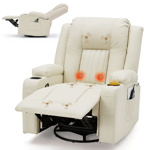 YODOLLA Massage Manual Recliner Chair with Heat and Vibration Massage, PU Leather Swivel Rocker Recliner Chair for Adults with 2 Cup Holders, Remote Control-Cream White