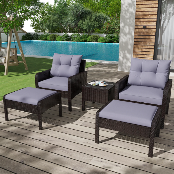 AECOJOY 5 Pieces Patio Furniture Set Rattan Wicker Chair Two with Ottoman Outdoor furniture sets in Grey