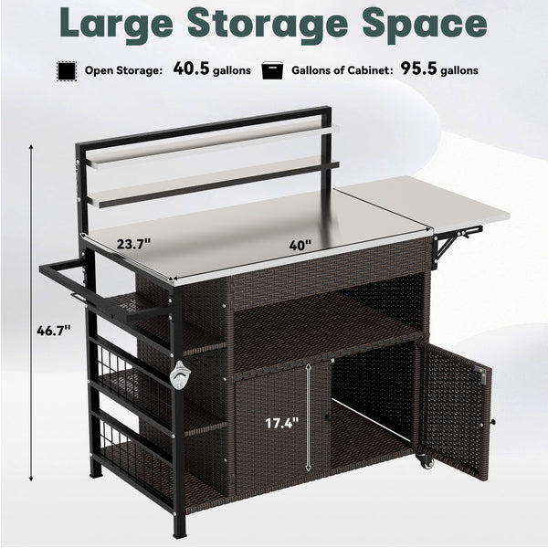 AECOJOY Patio Prep Table Grill Cart with Rolling Wheels, 60''x23.7''x46.7'' Outdoor Bar Cart with Rattan Storage Cabinet, Dark Brown