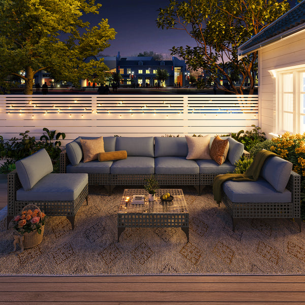 YODOLLA 7-Piece Patio Furniture Set with Tea Table, Rattan Wicker Outdoor Sectional Furniture Sofa Conversation Set, Grey Rattan&Blue Cushions