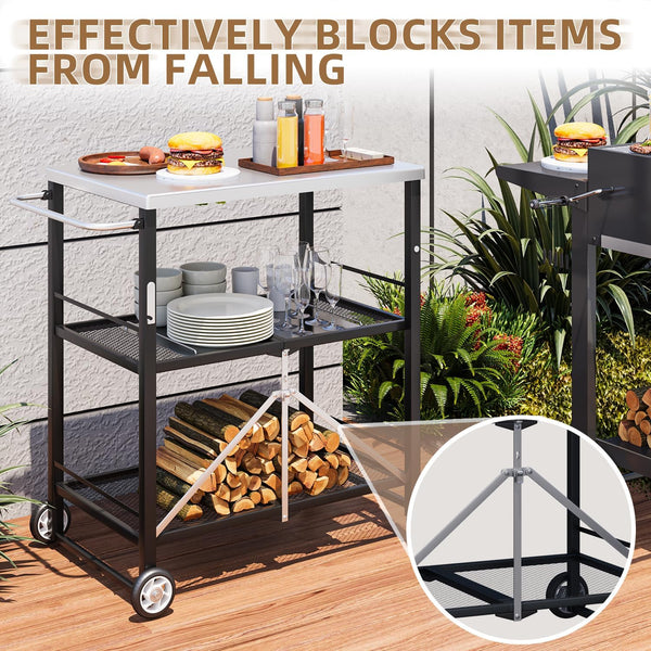 AECOJOY Foldable Outdoor Grill Cart 3 Tiers Stainless Steel Rolling Cart with Wheels Metal Utility Storage Trolley,Black