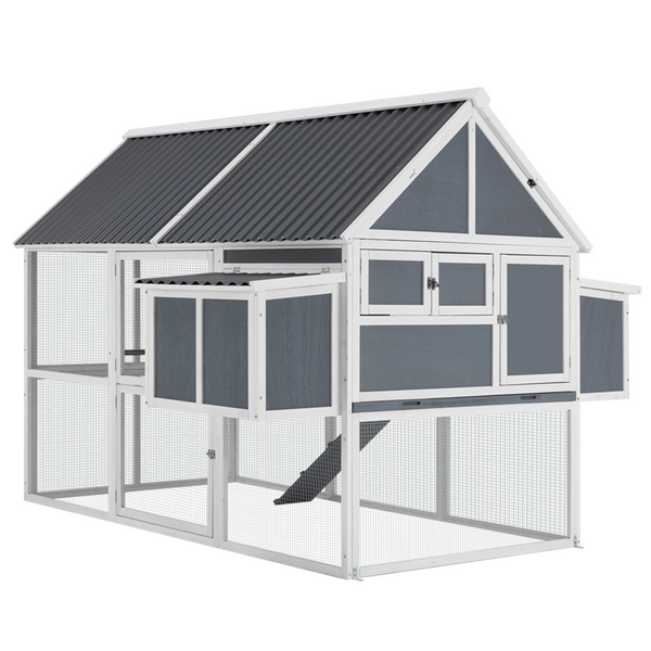YODOLLA 84” Outdoor Large Chicken Coop, Wooden Hen House Poultry Cage for 10 Chickens Walk in Chicken House with Run, Grey