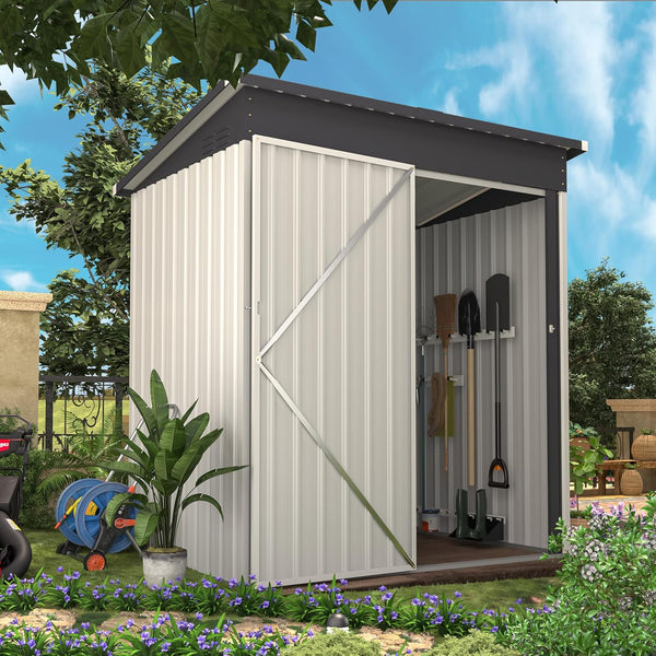 YODOLLA 5 x 3 ft. Outdoor Metal Steel Storage Shed with Sliding Roof & Lockable Door for Backyard, Garden,White