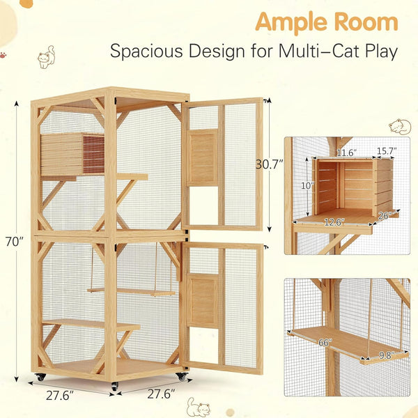 AECOJOY Outdoor Cat House with Wheels Wooden Catio Enclosure with Swing and Resting Box, Natural Color