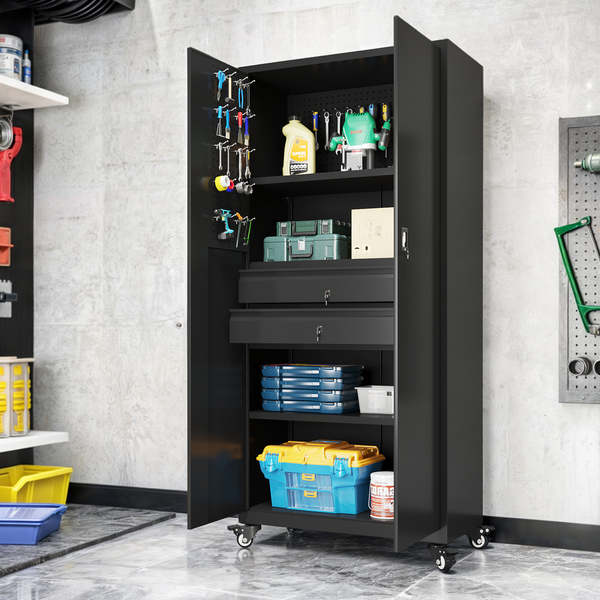 YODOLLA 71" Metal Storage Cabinets with Doors, Pantry Storage Cabinet with Drawers Wheels and Pegboards, Lockable