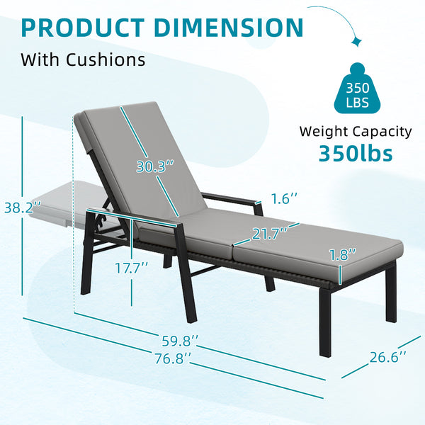 YODOLLA Outdoor Chaise Lounge Chairs Set with Adjustable for Comfortable Relaxation, Sturdy Rattan Loungers for Patio Poolside in Dark Grey（2 Pcs）