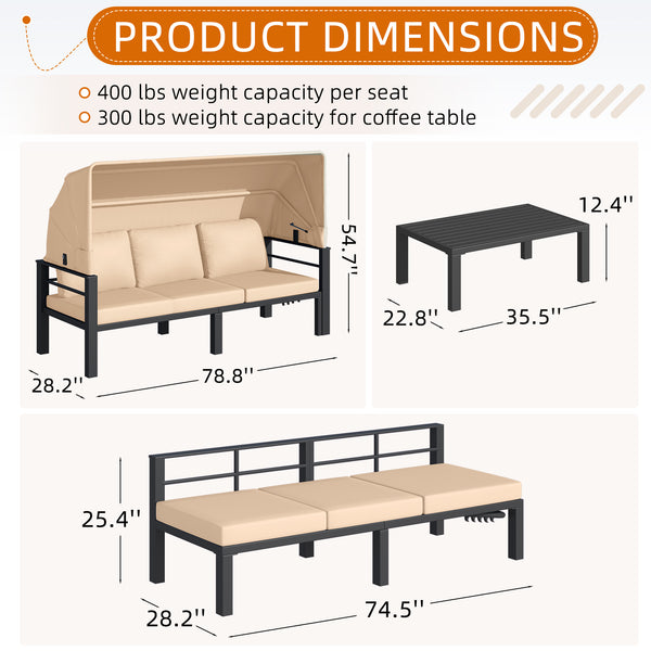 YODOLLA Patio Furniture Sets with Retractable Canopy & 2 Adjustable Backrests, Outdoor Furniture Sets with Coffee Table in Beige