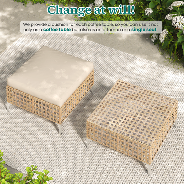 YODOLLA 3-Piece Patio Furniture Set, Boho Style Rattan Wicker Loveseat Sofa Couch with Coffee Table in Beige